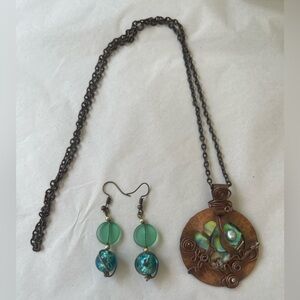 Artisan Boho Copper Pendant Necklace with Abalone + Glass Bead Earrings